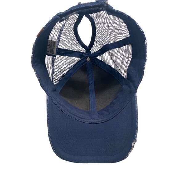 CC Distressed Denim Mesh Back High Ponytail Ball Cap Trucker Hat Adjustable - Picture 7 of 10